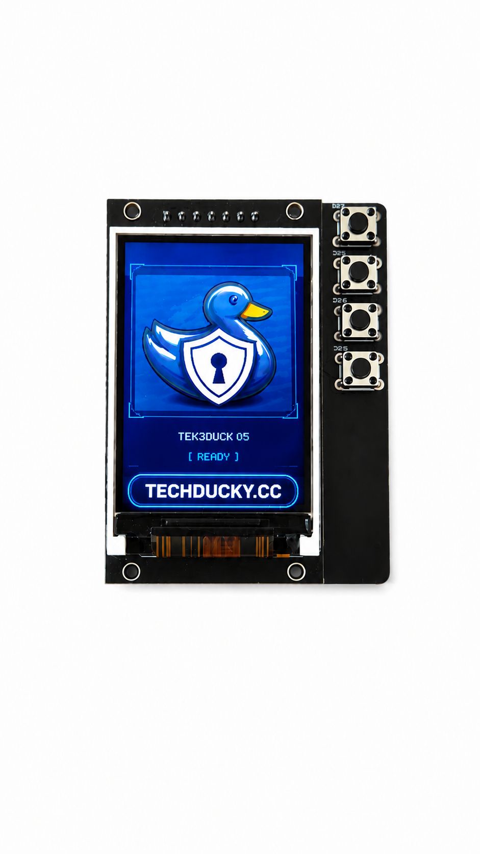 Ducky V1 front view — LCD showing the TechDucky logo, four navigation buttons and the ESP32-S3 board